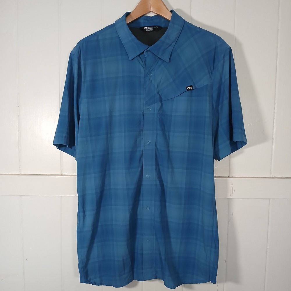 Outdoor Research Astroman Sun Shirt Mens XL Blue Plaid Short Sleeve 282278